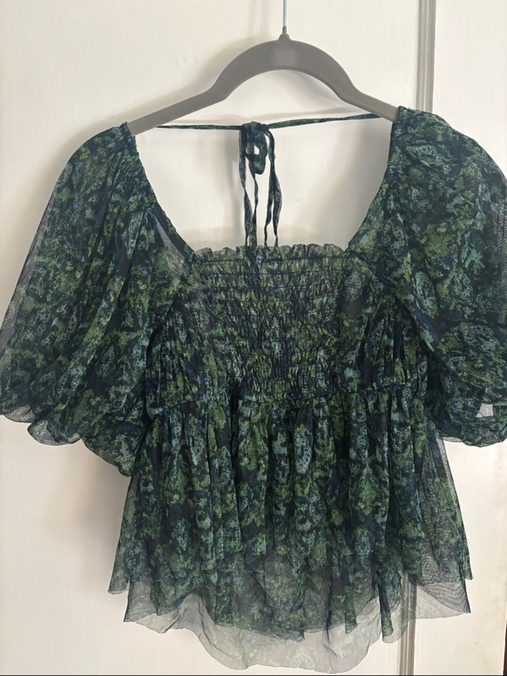 Free People Green Printed Smocked Peasant Top